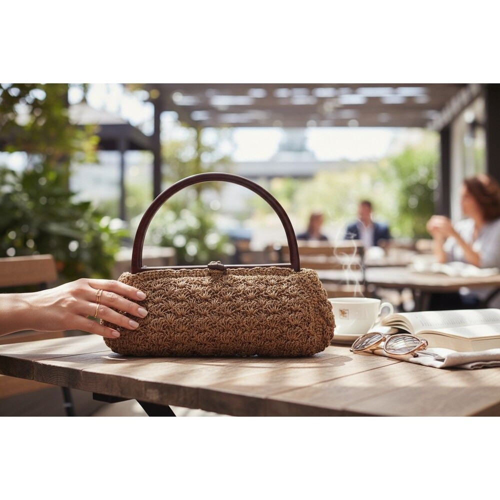 DESIGNER TOTE LE MONDE TAN CROCHET BROWN WOOD DOUBLE HANDLES BUTTON CLOSURE BAG - Picture 14 of 16